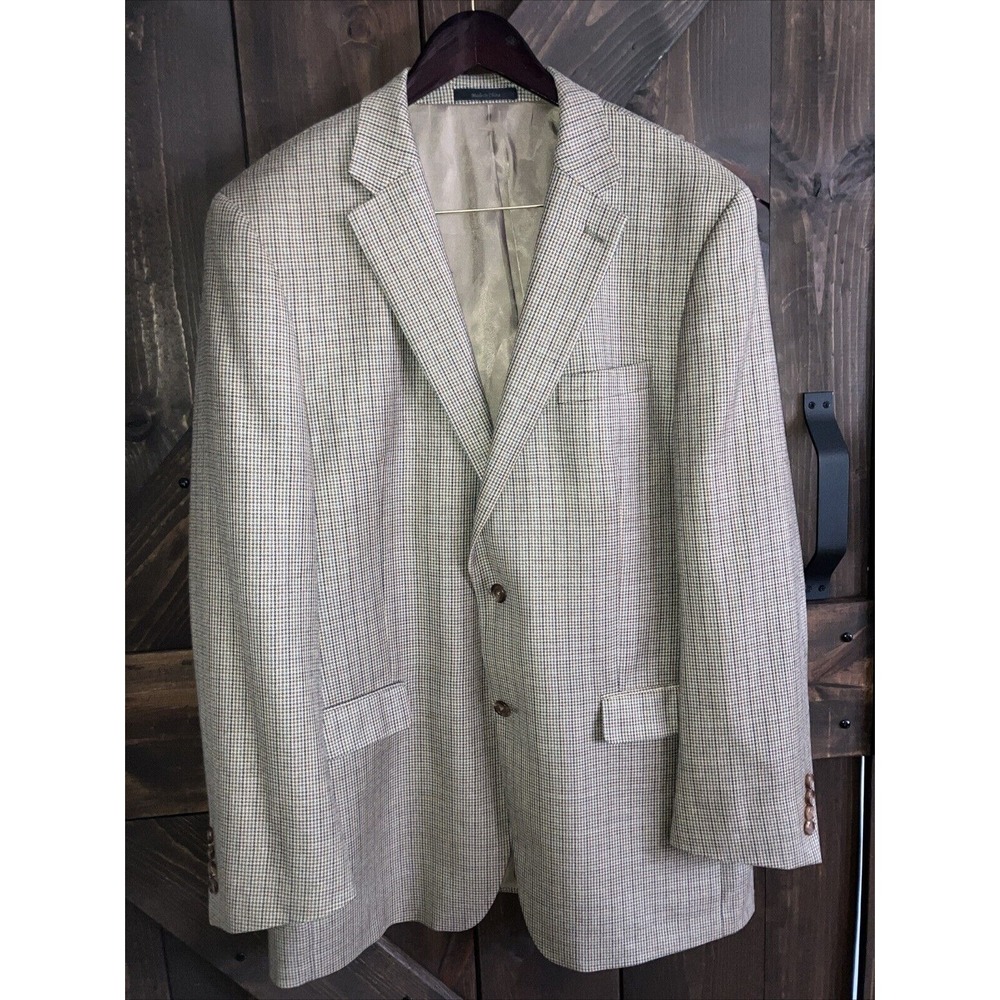 Ralph Lauren Mens Blazer Beige Check Plaid Silk Wool Lined Jacket Sport Coat 44L